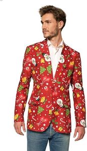 SUITMEISTER Men's Christmas Blazer - Festive Holiday Light Up X-Mas Jacket - Red with Print