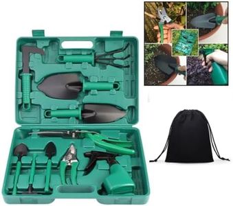 HopingMore 12pcs Green Garden Tools Set w/Toolbox and Storage Bag, Manual Gardening Tools w/Ergonomic Shovel Rake Weeder Pruner Sprayer for Women Gardeners (Storage Case +Garden Tools)