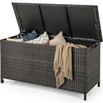 TANGZON 320L Garden Deck Box, Patio Cabinet Container with Polyester Liner, Universal Wheels & Gas Strut, Indoor Outdoor Storage Box for Pillows, Cushions & Tools (with Regularly-Woven Rattan, Brown)