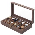 Readaeer 12 Slot Leather Watch Box Organizer for Men PU Leather Watch Case with Glass Top and 12 Removable Storage Pillows