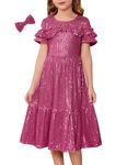 GRACE KARIN Girls 2024 Summer Fall Dress Crew Neck Cute Prinzess Sequin Dress Short Ruffle Sleeve Party Dress Rose Pink 8-10 Years