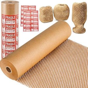Honeycomb Packing Paper, 15"x300' Eco Friendly Packing Materials for Shipping Breakable Recyclable Moving Supplies Paper Bubble Wrap Sheets Roll with 20 Fragile Sticker Labels