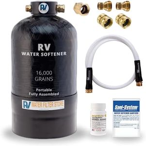 Essential RV Water Softener Portable 16,000 Grain w 4ft Hose, 3/4" Fittings, 2X Sets of Quick Connects, 1X Sani System, Softens Hard Water Prefilled NSF Resin