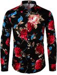 ZEROYAA Men's Hipster Retro Rose Floral Printed Casual Slim Fit Long Sleeve Streth Shirt ZLCL04-101-Black Large