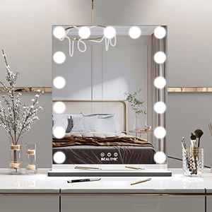 Lighted Makeup Mirror, Hollywood Tabletop Mirror with 15 Lights, 3 Light Settings, Modern（Silver-49.7X40.5CM）