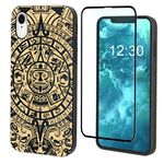 iProductsUS Totem Phone Case Compatible with iPhone XR and Screen Protector-Engraved Mayan Calendar Black Bamboo Wood Case, Built-in Metal Plate,Compatible Wireless Charger,TPU Shockproof Cover (6.1")