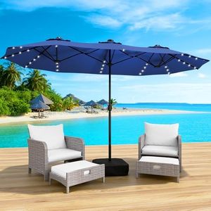 LEVELEVE 15FT Large Patio Patio Umbrella with Base & Solar LED Lights - Double-Sided,Blue