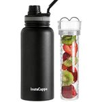 InstaCuppa Thermos Steel Fruit Infuser Water Bottle 1 Litre, Tritan Infusion Unit, Detox Infused Recipe eBook, 2 Lids (Black)