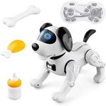 Remote Control Stunt Puppy Robot Dog Toys for 5 to 12-Year Kids and Girls with Magnetic Bone Food and Bottle | RC Interactive Intelligent Smart Walking Dancing Robot Toys with Light and Sound (White)