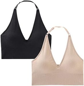 INIBUD Workout Halter Top for Women Bralette Crop Tanks Sports Bras with Adjustable Strap Seamless Padded, Black/Beige, M