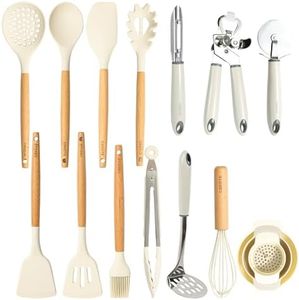 CAROTE Utensilios de Cocina de Silicona 16 Piezas, juego Utensilios de Cocina Resistencia al Calor y Antiadherente con Mango de Madera para Utensilios Accesorios Cocina, sin BPA
