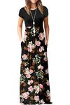 GRECERELLE Womens Summer Maxi Dress Short Sleeve Crewneck High Waist Casual Loose Long Dresses with Pockets FP Rose Black-M