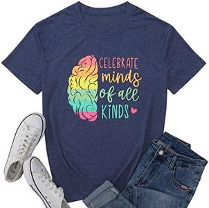 Women Autism Awareness Shirt Celebrate Minds of All Kinds Tshirt Casual Teacher Neurodiversity ASD Short Sleeve Tee Top Deep Blue