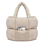 women large puffer purse puffy tote bags dupes light weight handmade nylon bag woven shoulder handbag, Beige, Large