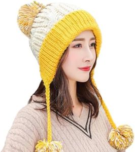 HUAMULAN Women Winter Sherpa Cover Ears Beanie Hat Earflap Peruvian Warm Fleece Lined Knit Cute Soft Ski Hats 3 Pom Poms Beige Yellow