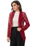 WDIRARA Women's Floral Lace Mesh One Button Lapel Neck Long Sleeve Elegant Jacket Blazer, Red, Large