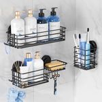 TAILI Shower Caddy Suction Cup, 3 Pack Shelves for Inside with Hooks & Soap holder Toothbrush Cups, Removable Bathroom Organizer, Rustproof Black Shelves
