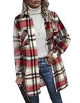 Hotouch Women Casual Lapel Button Down Long Plaid Shirt Coat Tartan Shacket Check Shirt Top Chest Pocketed Shirts (Red L)