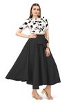 kanthir Women's Printed Crepe Boat Neck Half Sleeve Midi Ethinic Wear Top with Skirt Set (K_E_101011-Black-X-Large)