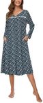 AVIIER Cotton Nightgowns for Women Soft Long Sleeve Sleepwear Gowns Ladies House Dress with Pockets, Navy Flower, Medium