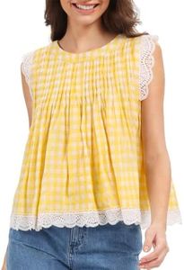 CUFEZN Womens 2026 Summer Gingham Tops Sleeveless Ruffled Lace Trim Round Neck Y2K Babydoll Going Out Tops Yellow Plaid Large