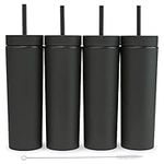 SKINNY TUMBLERS Matte Pastel Colored Acrylic Tumblers with Lids and Straws (4 pack) | 16oz Double Wall Plastic Tumblers With FREE Straw Cleaner! Reusable Cup With Straw | Vinyl DIY Gifts (Black)