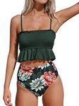 CUPSHE Women's High Waist Bikini Swimsuit Floral Print Ruffle Two Piece Bathing Suit, M Army Green