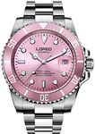 Mens Classic Luxury 316L Stainless Steel Sapphire Glass Automatic Watch 200m Waterproof Mechanical Watch, A- Silver Pink, Medium, Mechanical,Automatic Watch