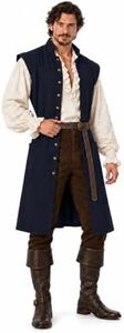 MCJC Men's Pirate Vest with Belt, Long Renaissance Costume Waistcoat for Halloween Blue