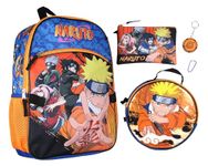 Naruto Anime Character Group 16" Youth 5-Piece Backpack Set For School Or Travel With Lunch Tote Pencil Case Rubber Keychain Zipper Pull Carabiner, Naruto V1, One Size, Modern