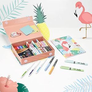 BIC My Stationery Box - 28 Produits d'Ecriture, 10 Feutres/6 Stylos-Bille/4 Surligneurs/1 Ruban Correcteur/5 Marqueurs Permanents, 2 Blocs de Notes Respositionnables et 1 Carnet de Notes A5 Blanc