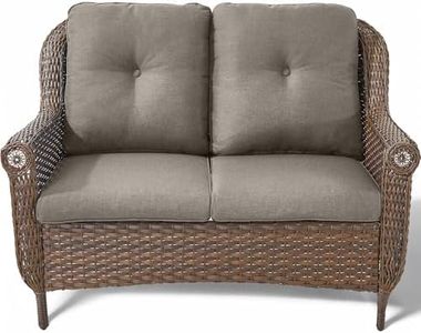 ACTREST Patio Loveseat Outdoor Wicker Sofa - Heavy Duty All-Weather Brown Rattan 2-Person Sofas with High Back and Comfortable Thick Cushions for Garden Back Porch Poolside Apartment - Grey