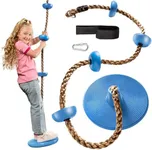 Jungle Gym Kingdom Tree Swing for Kids - Single Disc Seat and Brown Climbing Rope Set w/Carabiner and 4 Foot Strap - Treehouse and Outdoor Playground Accessories - Blue