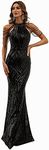 Miss ord Women's Formal Halter Sequin Tassel Bodycon Maxi Prom Dress, Elegant Mermaid Evening Gown, Black, Small