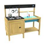 TP Toys Junior Chef Wooden Mud Kitchen With Working Tap & Sink - FSC Certified Timber. Includes A 4 Ring 'hob, An 'oven, and Splash Tub. Perfect For Sand Play, 2 Roomy Shelves Age - 3 Years +