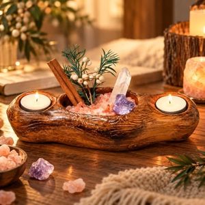 JLDTOP Tealight Holder with Natural Crystals, Spiritual Gift for Home Decor | Rustic Driftwood Resin Base with 7 Chakra Raw Stones, Quartz, Pink Salt, for Meditation, Yoga & Altar, Holiday Gift for Women