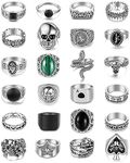 Vegolita 24PCS Punk Rings Set for Men Vintage Cool Gothic Rings Sliver Hippie Stacking Knuckle Ring Skull Snake Poker Rings Pack, Metal, No Gemstone