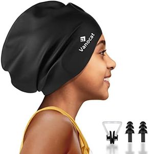 Kids Extra Large Swim Cap for Long Hair, Waterproof Silicone Swimming Caps for Boys Girls Children Youth Teen, Large Swim Hat for Long Thick Curly Hair & Dreadlocks Braids Weaves Afro Hair(Black)