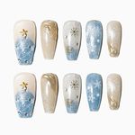 Sun&Beam Nails Handmade Press-on Medium Long Coffin Ballerina Blue White Gold Glitter Winter Christmas Design False Nail Tips 10 Pcs (#143 L)