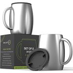 Stainless Steel Insulated Coffee Mugs Set of 2 (14oz) Double Wall Coffee Cups With Spill Resistant Lid & Handle – Shatterproof Cups for Cold & Hot Drinks for Indoor & Outdoor Use (Stainless Steel, 14 oz)