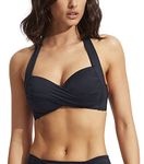 Seafolly Women's Twist Front Soft Cup Halter Bikini Top Swimsuit Separates, Eco Collective True Navy, 12