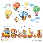 DECOWALL DA-1406 Animal Train and Hot Air Balloons Kids Wall Stickers Monkey Giraffe Flower Zoo Wall Decals Removable Nursery Bedroom Children's Play Room