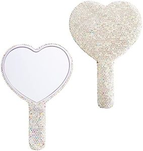 Wowagoga Sparkling Rhinestone Heart Shaped Handheld Mirror Heart Mirror Cosmetic Hand Mirror with Handle Cute Hand Mirror for Women Girls(White)