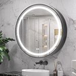 Keonjinn 30 in Black Round Lighted Medicine Cabinet with LED Mirror for Bathroom Electrical Outlet Dimmable 3 Color Lights Anti-Fog Large Wall Mounted Circle Metal Framed Bathroom Mirrored Cabinets