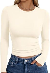 Trendy Queen Womens Long Sleeve Shirts Basic Crop Tops Tight Slim Fit Cute Teen Girls Fall Winter Y2k Clothes Light Apricot XL