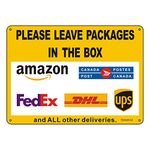 Goodvia Package Delivery Sign with Canada Post, Amazon, DHL, UPS Delivery Box Sign Metal Reflective 10"x 7" Please Place Packages in Box Sign Durable Rust Free .40 Aluminum, Weather Resistant