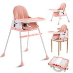 3-in-1 Baby High Chair: Adjustable Convertible Feeding Chair, Portable Booster Seat for Babies and Toddlers. Detachable Double Tray, Compact & Easy-to-Clean Design (Pink Highchair)