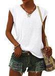 WNEEDU Womens Tops Summer V Neck T-Shirt Casual Cap Short Sleeve V Neck Loose Fit Tank Tops White XL