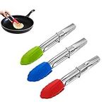 3Pcs Small Tongs with Silicone Tips 7 Inch Serving Tongs Mini Kitchen Stainless Steel Food Tongs for BBQ Salad Cooking Appetizers (Red Green Blue)