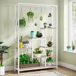 Tribesigns 5-Tier Tall Indoor Plant Stand, 70.9 inches Metal Plant Shelf with 10PC S Hanging Hooks, Multi-Purpose Flower Bonsai Display Rack for Indoor, Garden, Balcony, Living Room, White & Beige